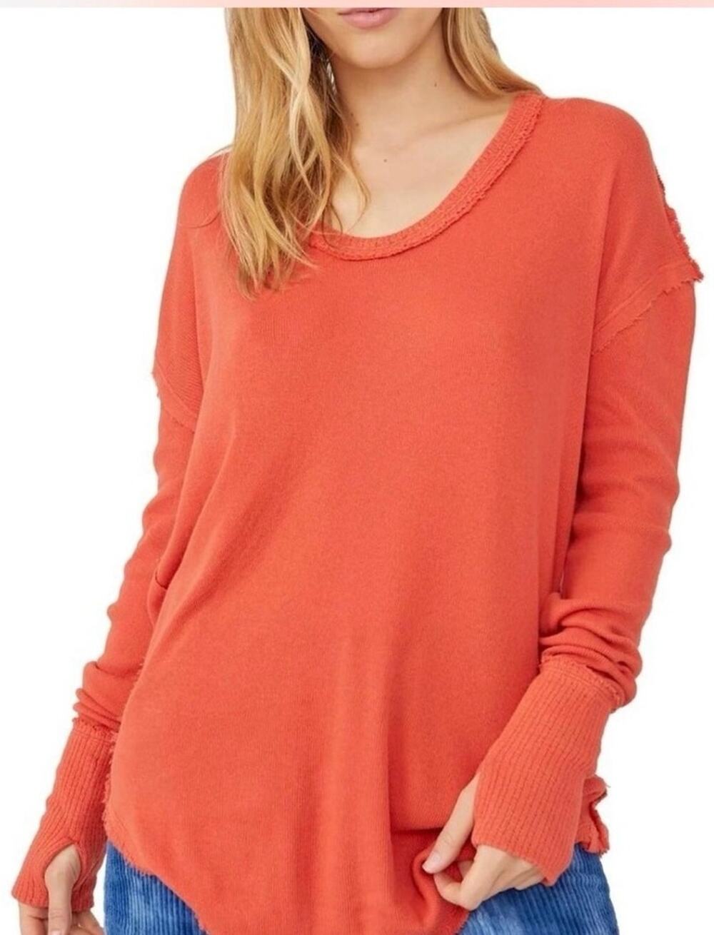 Free People We The Free Colby Tee Orange Oversized Raw Hem Thumbhole Top M